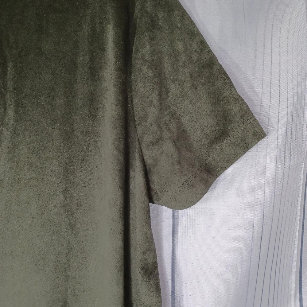 Forever 21 faux suede olive mini short-sleeve boho minimalist casual shirt dress - Picture 7 of 9